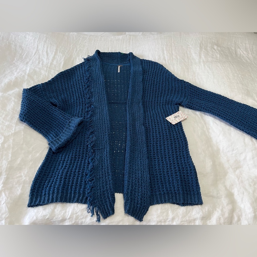 Free People | SZ S | Fringed Cardigan Sapphire | I’ll Be Around Knit Silk NWT